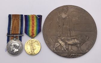 WW1 casualty pair and plaque, awarded to Pte Charles Maurice Harley of the 14th (Severn Valley