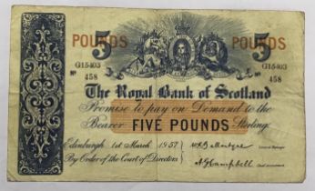 The Royal Bank of Scotland 1957 £5 Banknote, folded.