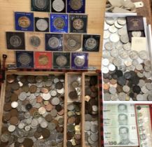 Large collection of British in wooden case and album, includes Channel Islands and World Coins,