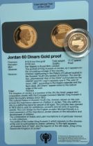 Scarce 1979-82 UNICEF Gold Proof Coin with Certificate for Jordan, 60 Dinars. 916.6 Gold, 17.17g.