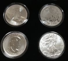 World 1oz Fine Silver Coins from Canada 2018 & 2010, UK Britannia 2018 and US 2018 Walking Liberty