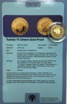 Scarce 1979-82 UNICEF Gold Proof Coin with Certificate for Tunisia of 75 Dinars, .900 gold, 15.55g.