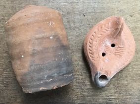 Two Roman Pots, A Late Roman North African Grave Offering Decorated Samian oil lamp. Approximately