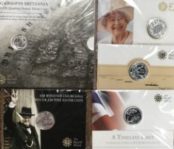 Collection of 5 Royal Mint Fine Silver Coins Sealed in Original Presentation Packaging. (#)