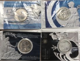 Four Royal Mint Britannia 1oz Fine Silver Coins, sealed in Original Packaging. (#)