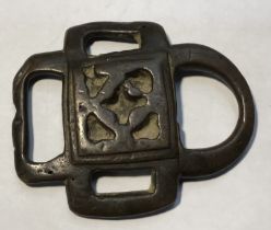 Decorated Celtic bronze  4 way strap junction. H.56mm. W.45mm. Lovely example with a deep even