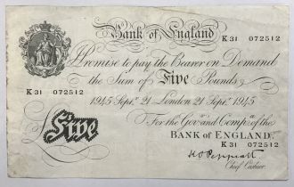 Bank of England K.O Peppiatt £5 Banknote dated 1945 September 21st London, See Pictures for details.