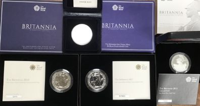 Three Royal Mint Fine Silver Britannia 1oz Coins in Original Presentation Boxes with Certificate
