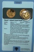 Scarce 1979-82 UNICEF Gold Proof Coin with Certificate for Nepal, 1 Asharfi, .900 gold, 11.66g.