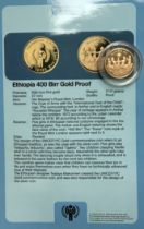 Scarce 1979-82 UNICEF Gold Proof Coin with Certificate for Ethiopia, 400 Birr, .900 Gold, 17.17g.