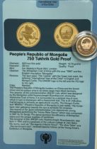 Scarce 1979-82 UNICEF Gold Proof Coin with Certificate for Mongolia, 750 Tukhrik, .900 Gold, 18.79g.