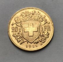 Swiss 1911B Gold 20 Franc Coin, Approximately 6.6g