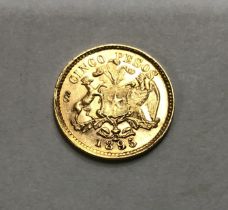 Chile 1895 Gold 5 Pesos.