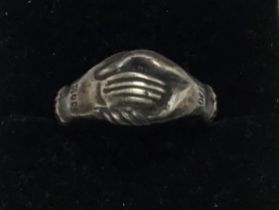 Post Medieval Silver Fede Ring, clasping hands etched with Amore & (possibly) Eopefe.