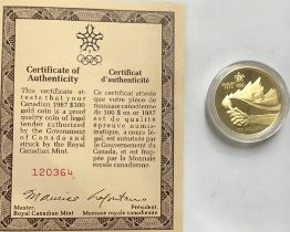 Royal Canadian Mint 1987 Gold Proof $100 Coin in Original Presentation Case with Certificate of