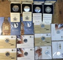 Collection of Royal Mint Silver Proof Crowns and Silver Brilliant Uncirculated Coins including