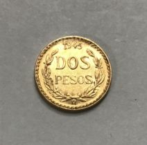 Mexican 1945 Gold 2 Pesos.