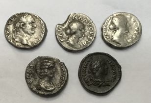 Five Roman Coins 4 Silver Denarius of Vespasian (Augural & Pontifcal emblems reverse), 2 x