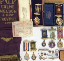 Collection of Masonic jewels including 5 hallmarked Silver Gilt, Sash, base metal jewels and other