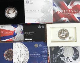 Four Royal Mint Silver Britannia 1oz Fine Silver Coins including 2015 Silver Proof Britannia in