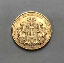 German States, Hamburg 1913J Gold 20mk Coin.