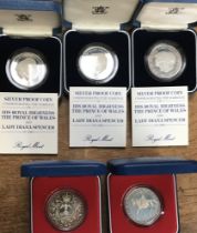 Royal Mint Silver Proof Crowns 2 x 1977 Silver Jubilee (missing certificate) and three 1981