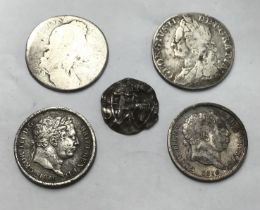 Four British Milled Shillings of William III (worn), George II 1758, 2 x George III, with a