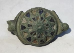 2nd century Roman domed copper alloy Umbonate plate brooch. Most of the hinged pin and catchplate