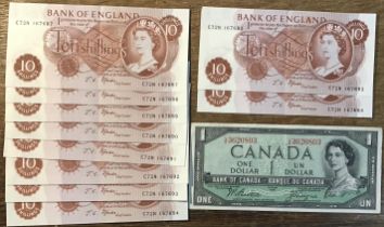 Bank of England Fforde 10 Shilling Banknotes with one 1954 Canadian One Dollar Banknote, Prefix