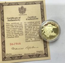 Royal Canadian Mint 1989 Gold Proof $100 Coin in Original Presentation Case with Certificate of