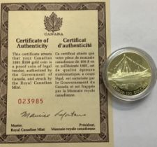 Royal Canadian Mint 1991 Gold Proof $100 Coin in Original Presentation Case with Certificate of