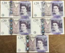 Five Uncirculated Bank of England £20 Banknotes of two A. Bailey (first issue), one C. Salmon &