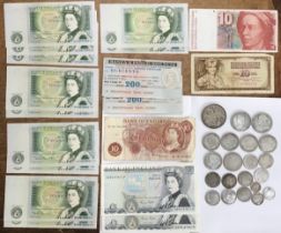 Collection of Pre 20 Silver coins and Banknotes, including 1893 LVI Crown with other Silver Coins