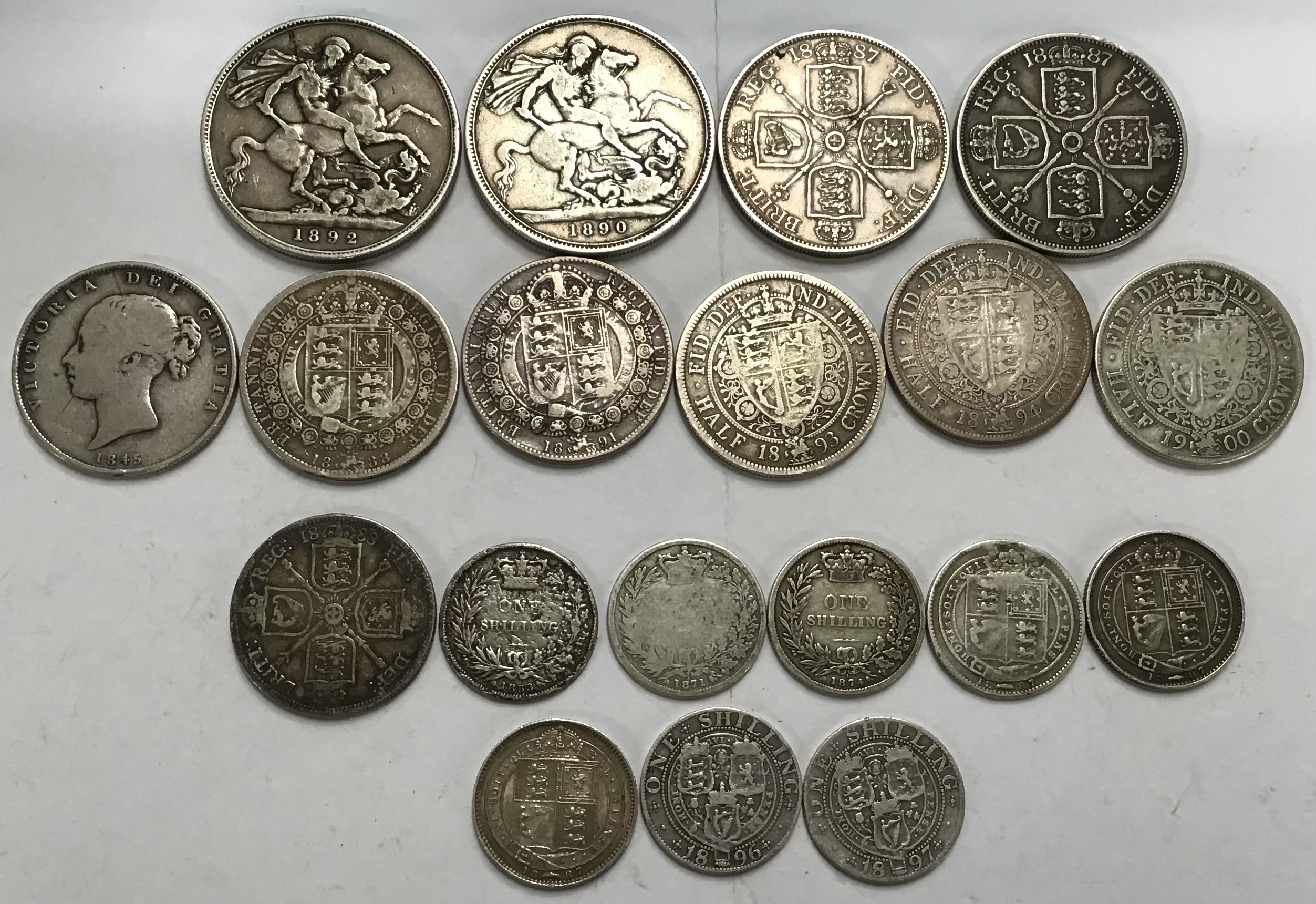 Collection of Victorian Milled Silver Coins, includes Crowns 1892, 1890, Double Florin 2 x 1887,