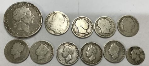 Collection of George III and George IV Silver Coins including 1820 Crown, 1787, 2 x 1816 Shillings.