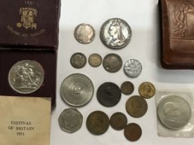 A collection of coins to include; 1889 Crown, 1787 Shilling, Festival of Britain Crown in Original