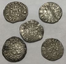 Five Edward II Silver Pennies, two London Mint, one Bury St. Edmunds, two Canterbury.