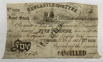 Newcastle upon Tyne 1836 cancelled £5 Banknote, clipped edges.