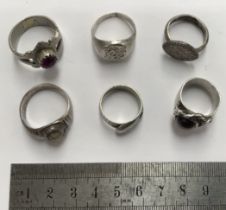 Six Post Medieval Rings 5 Silver one plated, three set with stones.