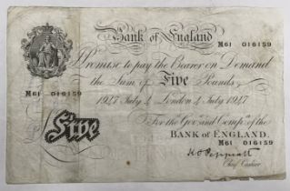 Bank of England K. Peppiatt July 4th London 1947 £5 Banknote, Prefix M61 016159. Condition, folds