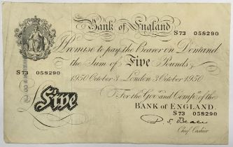 Bank of England P.S Beale £5 Banknote dated 1950 October 3, London, counter mark to reverse. See