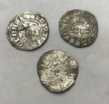 Three Edward II Silver Pennies, one London Mint (crack to centre of flan), one Canterbury one