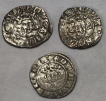 Three Edward I & II Silver Pennies, one London Mint, one Canterbury and one Bury St. Edmunds.