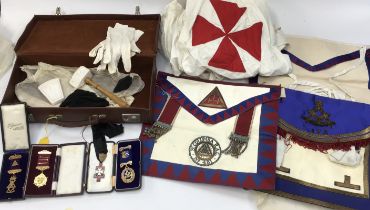 Collection of Masons items including 9ct and silver medals, x 4 case, apron ,gown gloves etc &