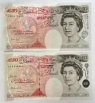 Two Bank of England £50 Banknotes of M. Lowther & A. Bailey, see pictures for details.