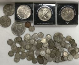 Collection of Pre 47 Silver Threepence (139g) with Commemorative Crowns and other coins.