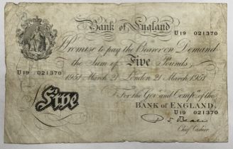 Bank of England P.S Beale 1951 March 21 London £5 Banknote,  Prefix U19 021370. Condition, folds and