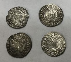 Four Edward I Silver Pennies, Two London Mint, one Durham and one Bury St. Edmunds.