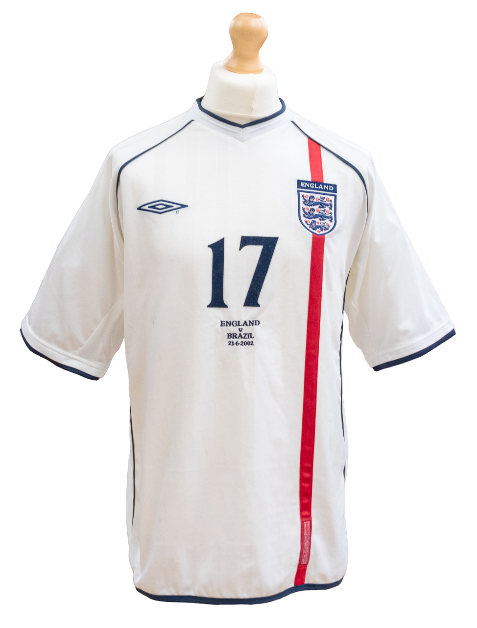 England: An England v. Brazil, World Cup 2002, 21st June 2002, match issued white England shirt.