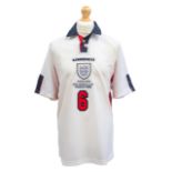 England: An England, World Cup 1998 France, match issued white shirt. Issued to Gareth Southgate for